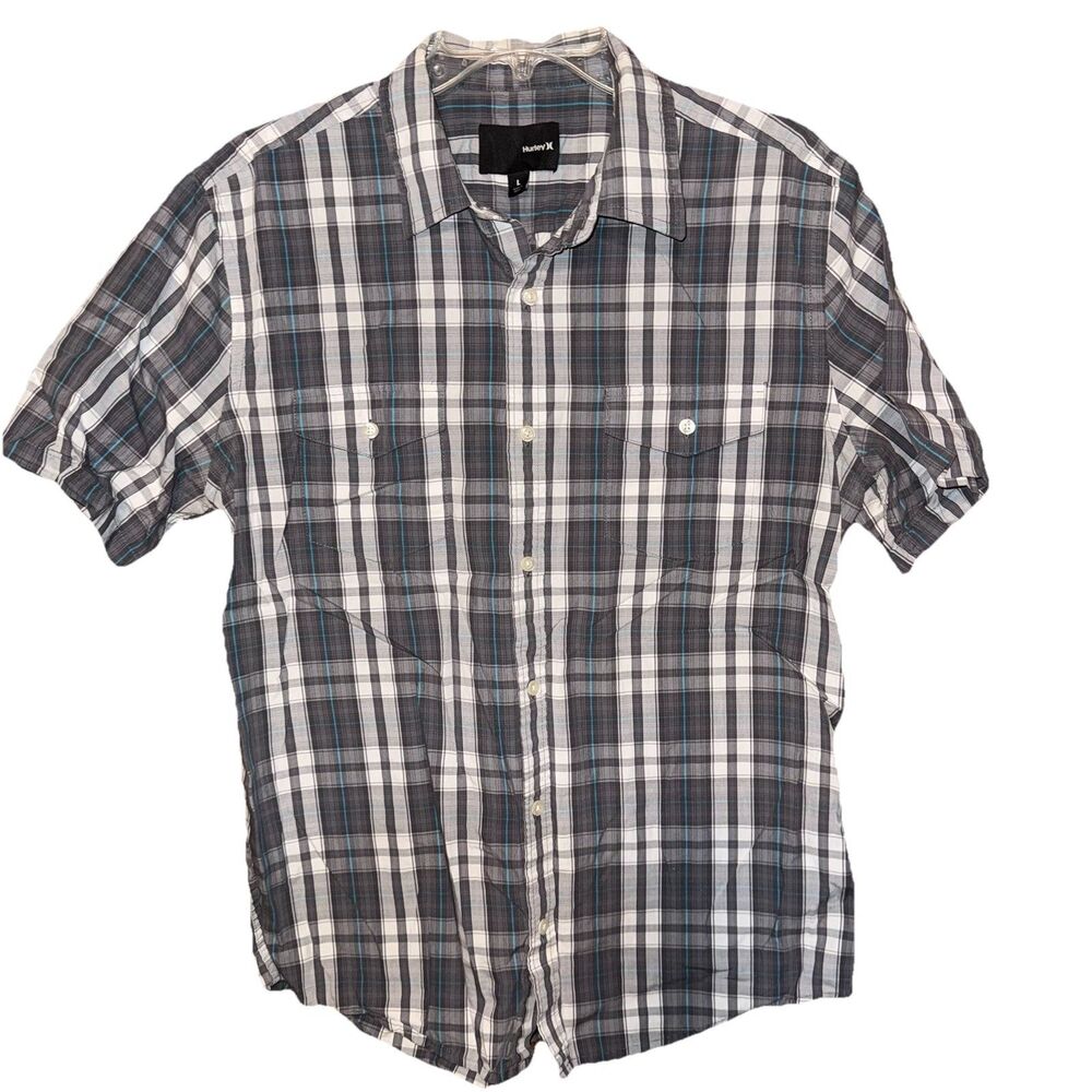Hurley Plaid Button Up Shirt Gray Blue White Plaid Short Sleeves Large